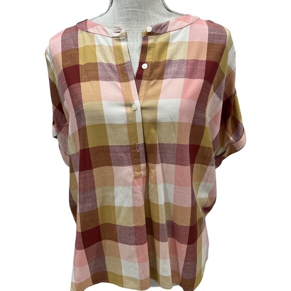 Loft Plaid Short Sleeve Button-Front Blouse Size S Pink/Yellow/Red - Picture 1 of 7